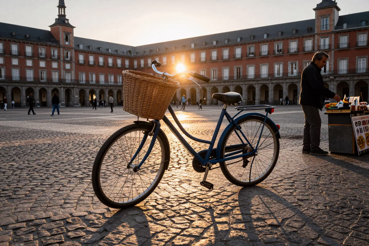 Madrid Spain Sunset Street Scene with Bicycle Basket and Blue Porcelain Jar in in Madrid, Spain