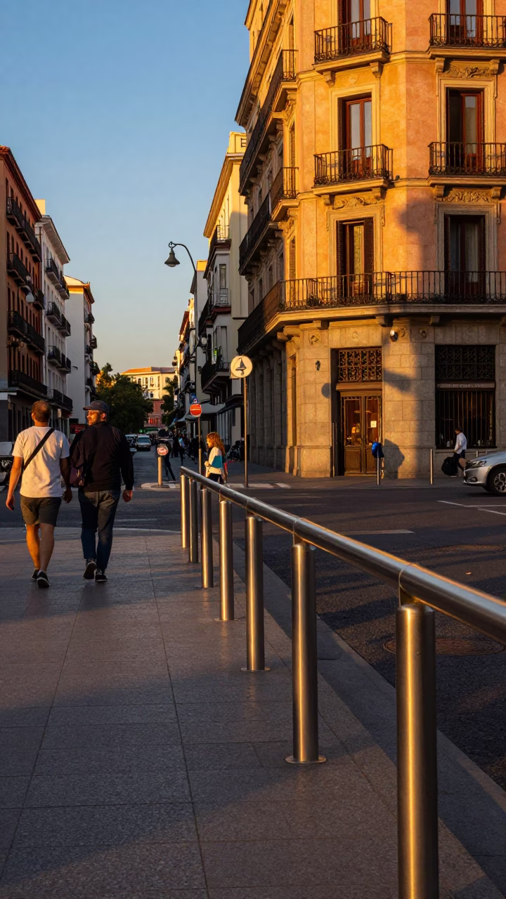 Madrid Spain Sunset Street Scene with Brushed Steel Rail and Aprons in in Madrid, Spain