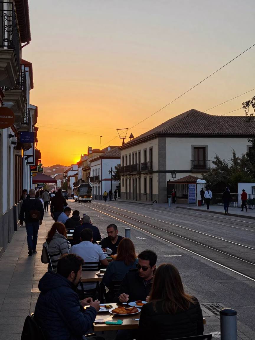 Madrid Spain Sunset Street Scene with Funicular Railway and Traditional Dining in in Madrid, Spain