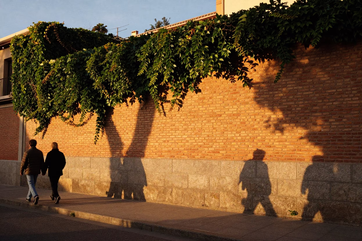 Madrid Spain Sunset Street Scene with Ivy Brick Wall and Vintage Atmosphere in in Madrid, Spain
