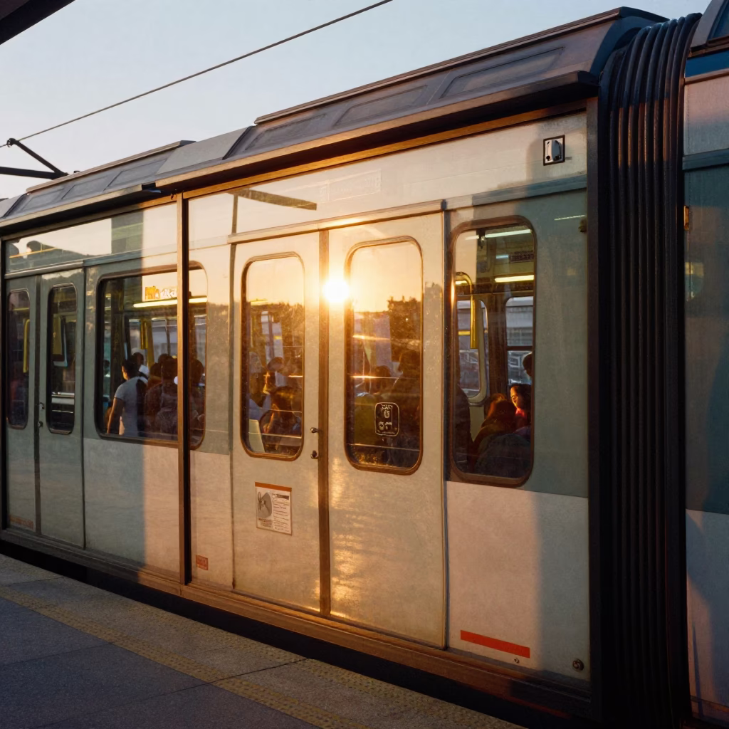 Madrid Spain Sunset Street Scene with Metro Train and Deadbolt Detail in in Madrid, Spain