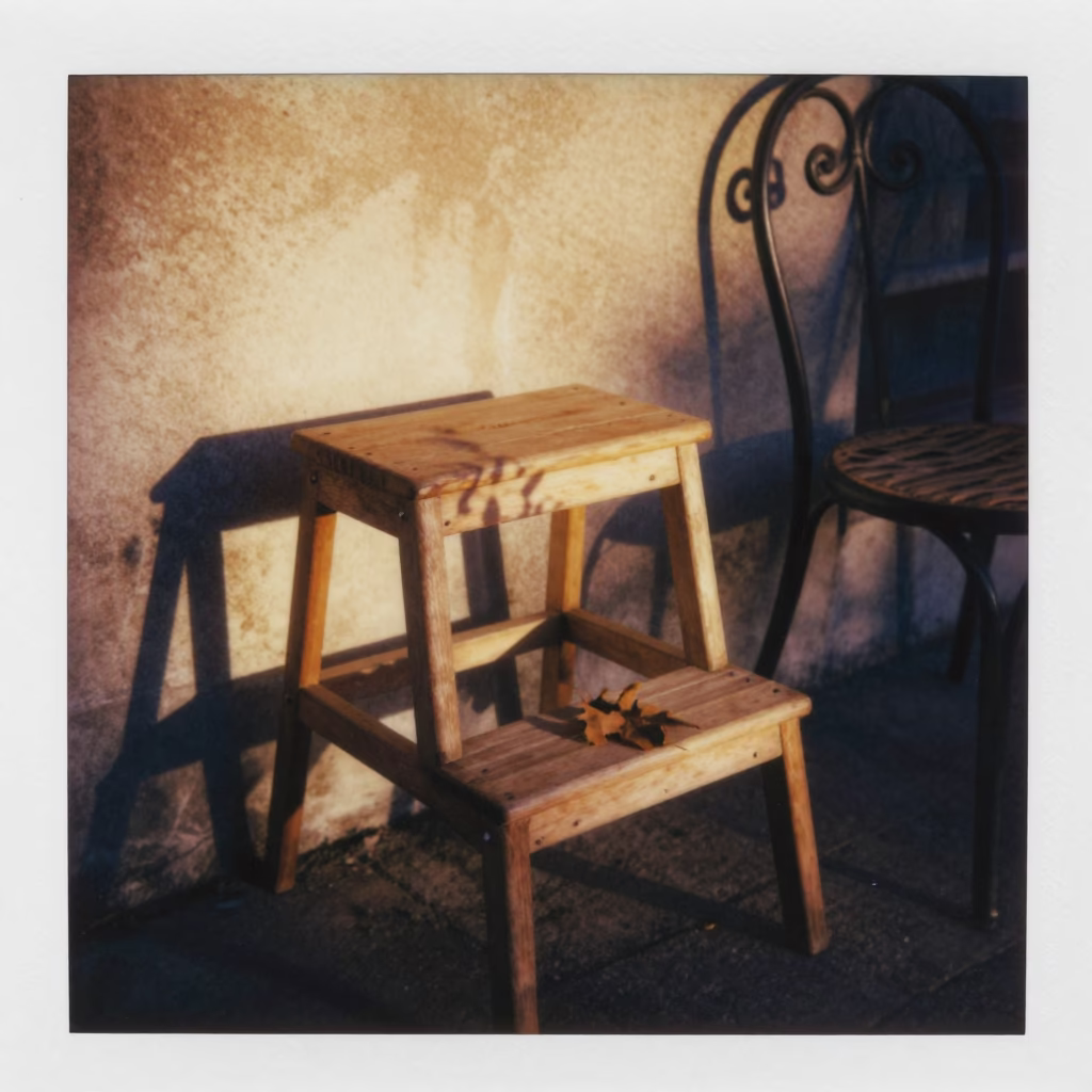 Madrid Spain Sunset Street Scene with Step Stool and Leaf Shadows in in Madrid, Spain