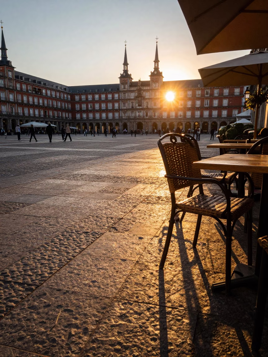Madrid Spain Sunset Street Scene with Wicker Shadow on Chair Rung and Urban Architecture in in Madrid, Spain