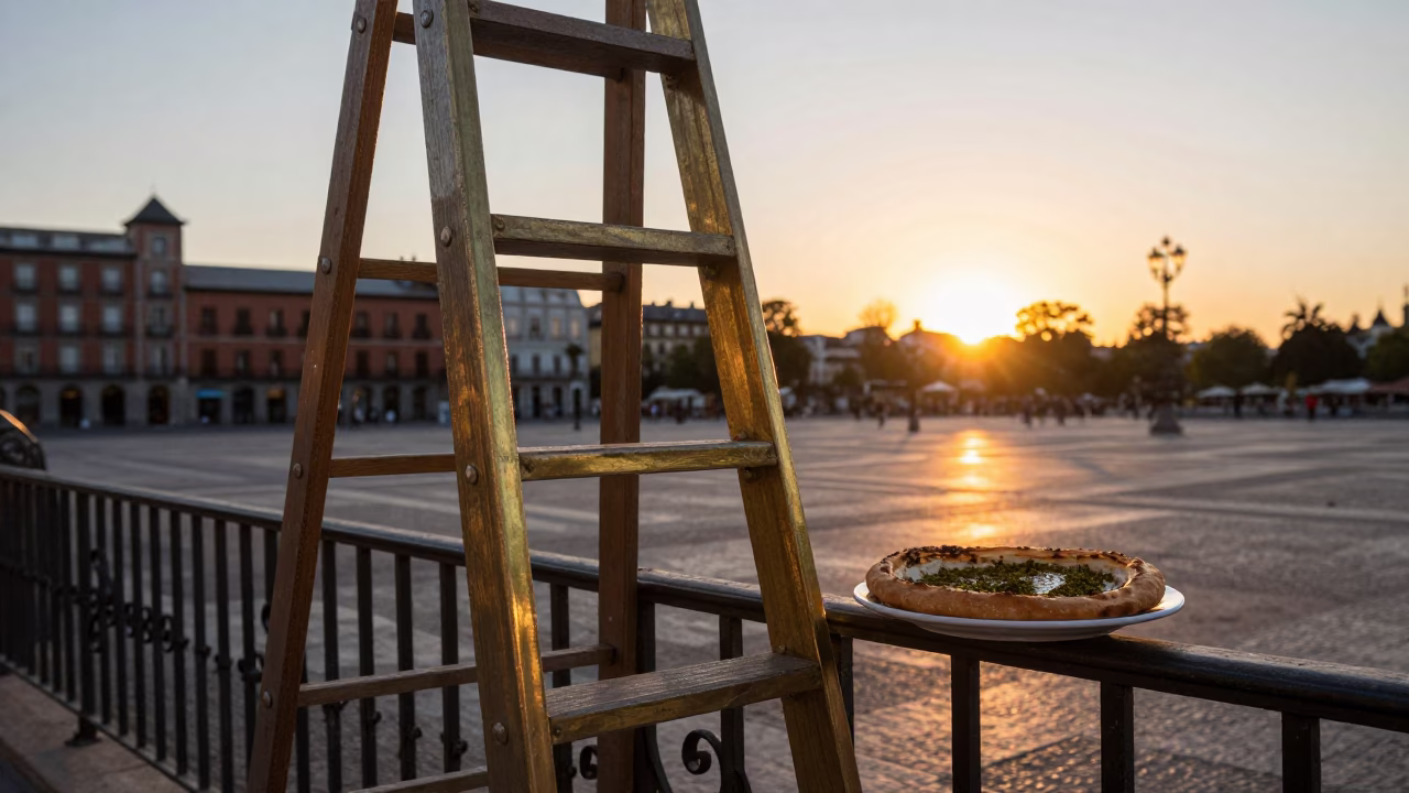 Madrid Spain sunset street scene with wooden ladder and brass frame details in in Madrid, Spain