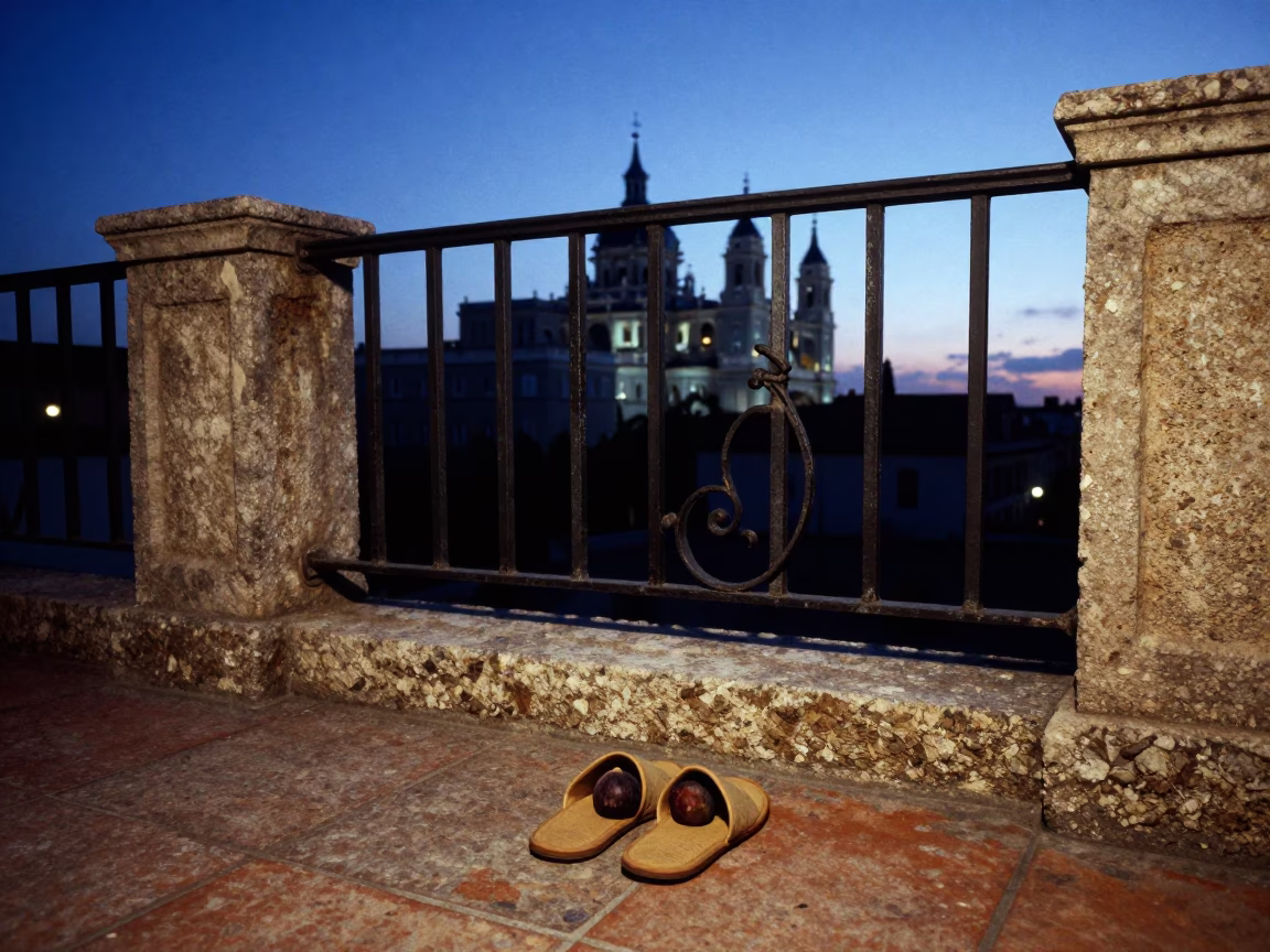 Madrid Spain Twilight Scene with Figs and Slippers on Stone Balcony in in Madrid, Spain