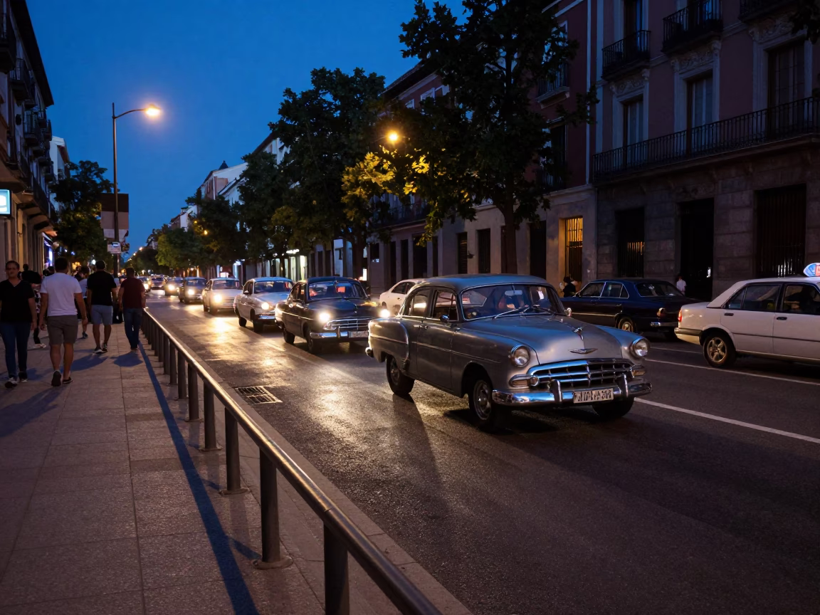 Madrid Spain Twilight Street Scene with Vintage Car Rally and Wicker Shadows in in Madrid, Spain
