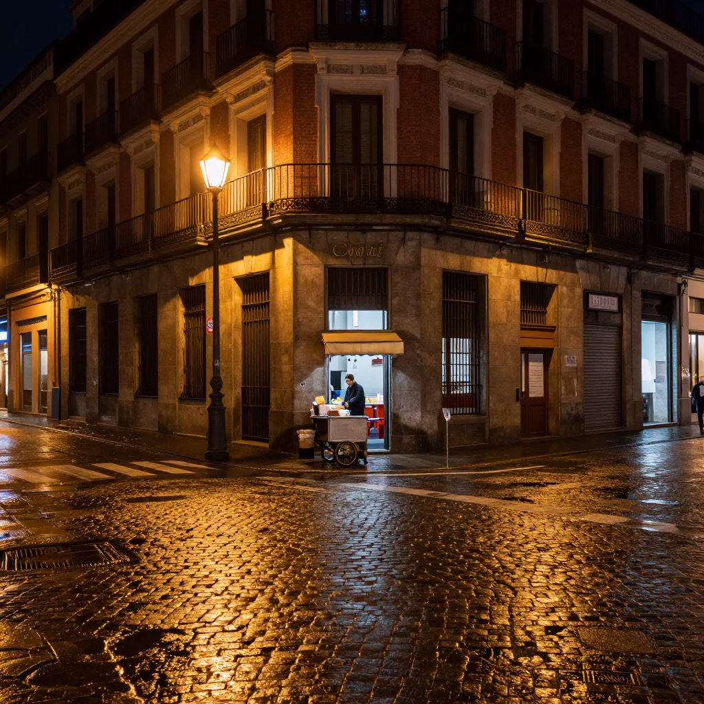 Madrid Street Corner at Deep In The Night Light in in Madrid, Spain