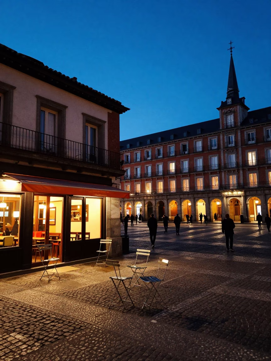 Madrid Street Scene at Blue Hour in in Madrid, Spain