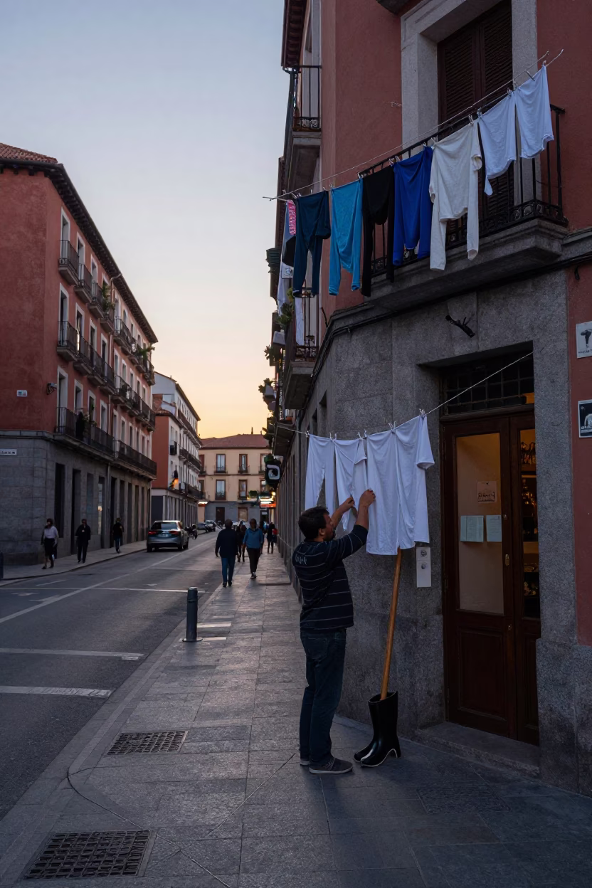 Madrid street scene at nautical dawn with laundry and local commerce in in Madrid, Spain