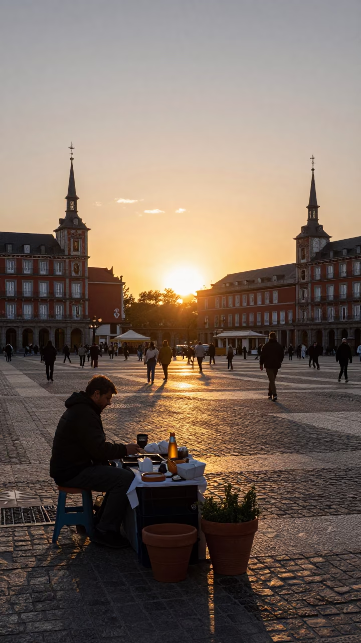 Madrid street scene at sunset with terracotta pots and shoe brush near historic plaza in in Madrid, Spain