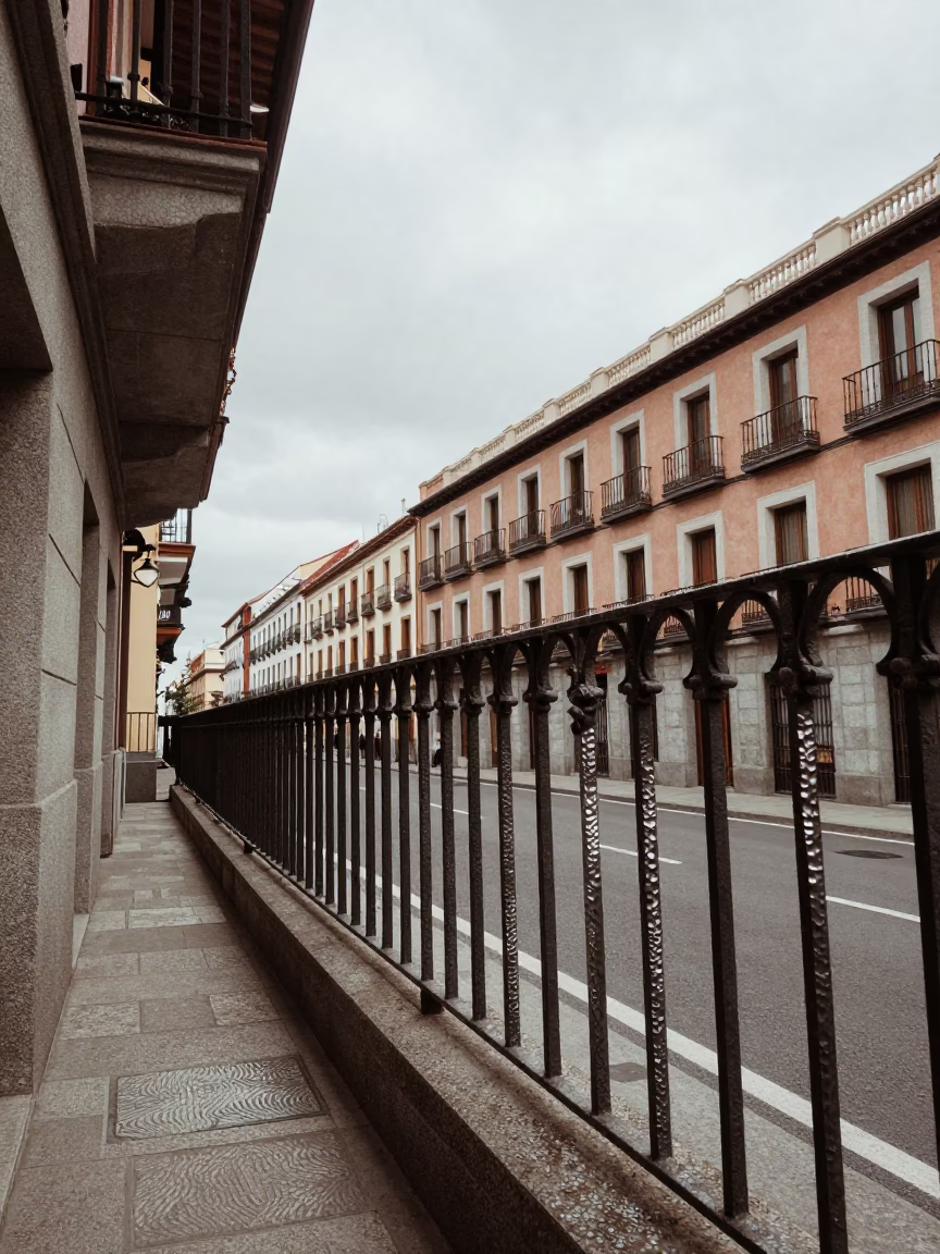 Madrid Street Scene Overcast Midday with Hammered Metal and Laundry in in Madrid, Spain