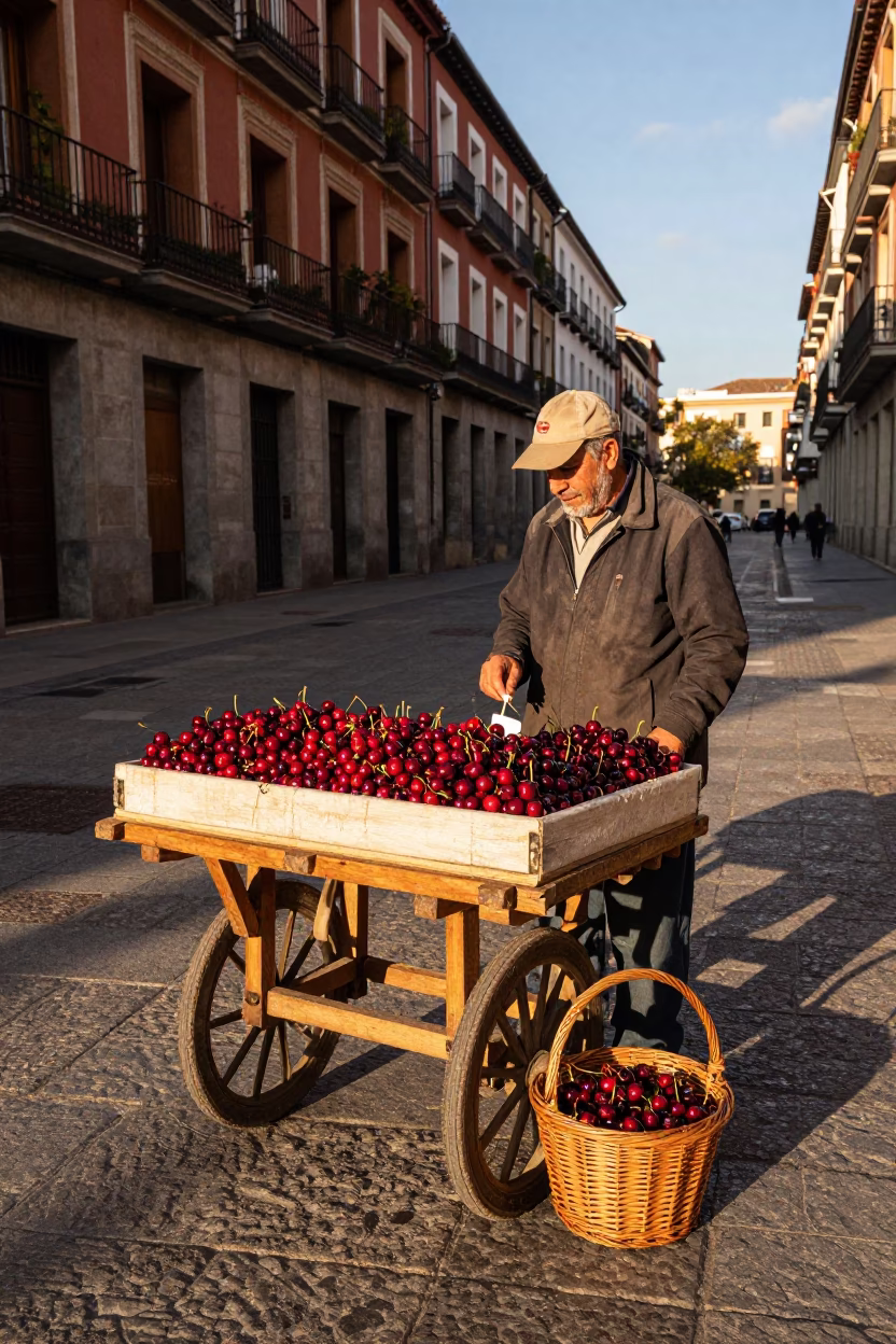 Madrid street scene with cherries and wicker basket in honeyed evening light in in Madrid, Spain