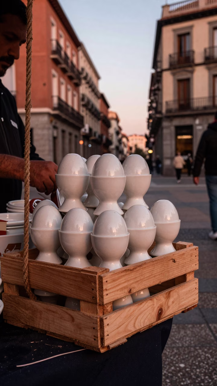 Madrid street scene with egg cups and rope in copper-toned light before dusk in in Madrid, Spain