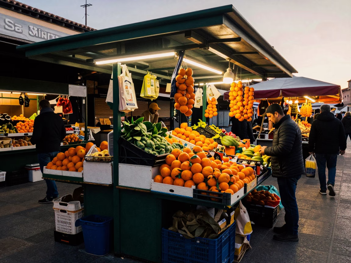 Madrid Street Vendor Stall at Nautical Dawn with Colorful Produce in in Madrid, Spain