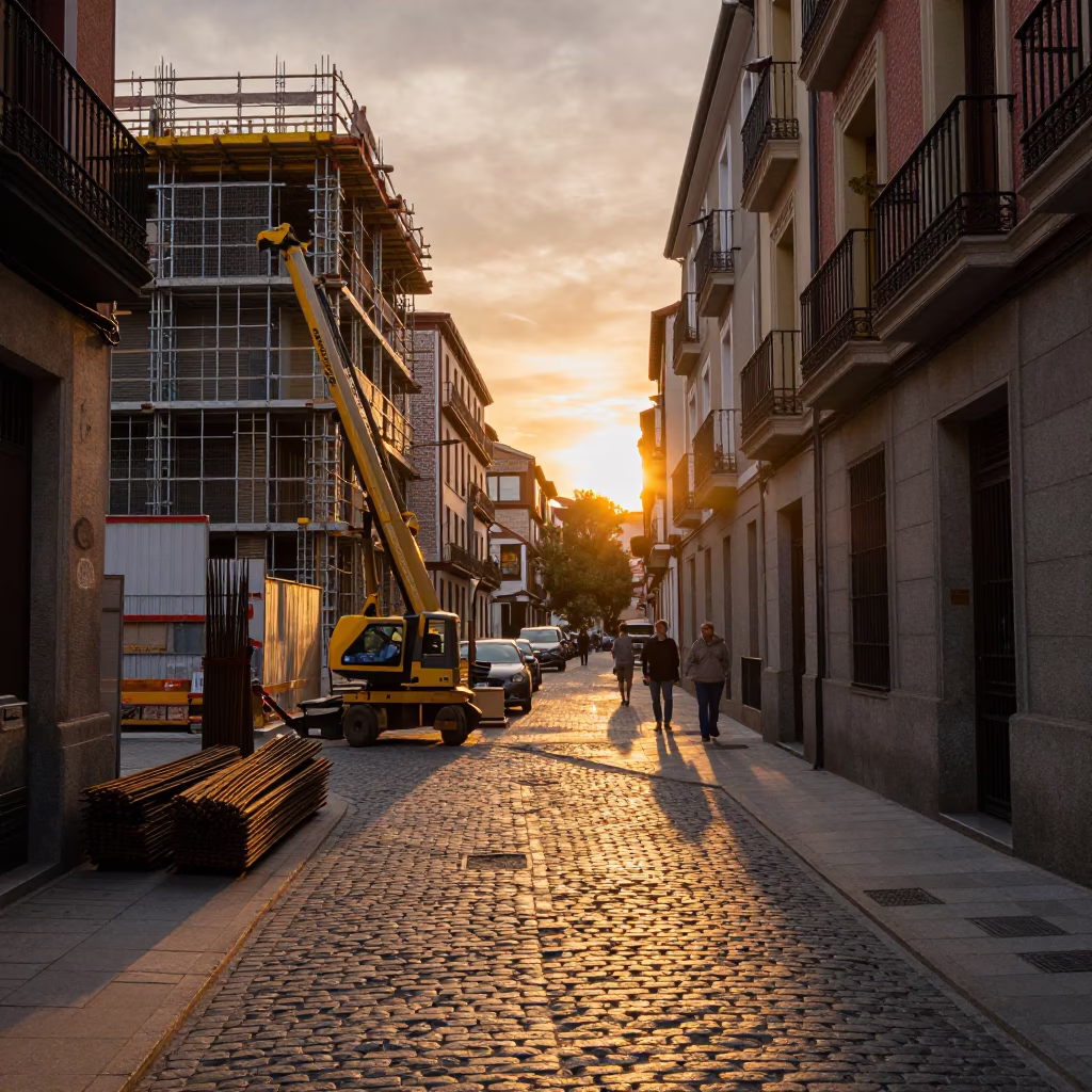Madrid Sunset Street Scene with Construction Site and Local Daily Life Elements in in Madrid, Spain
