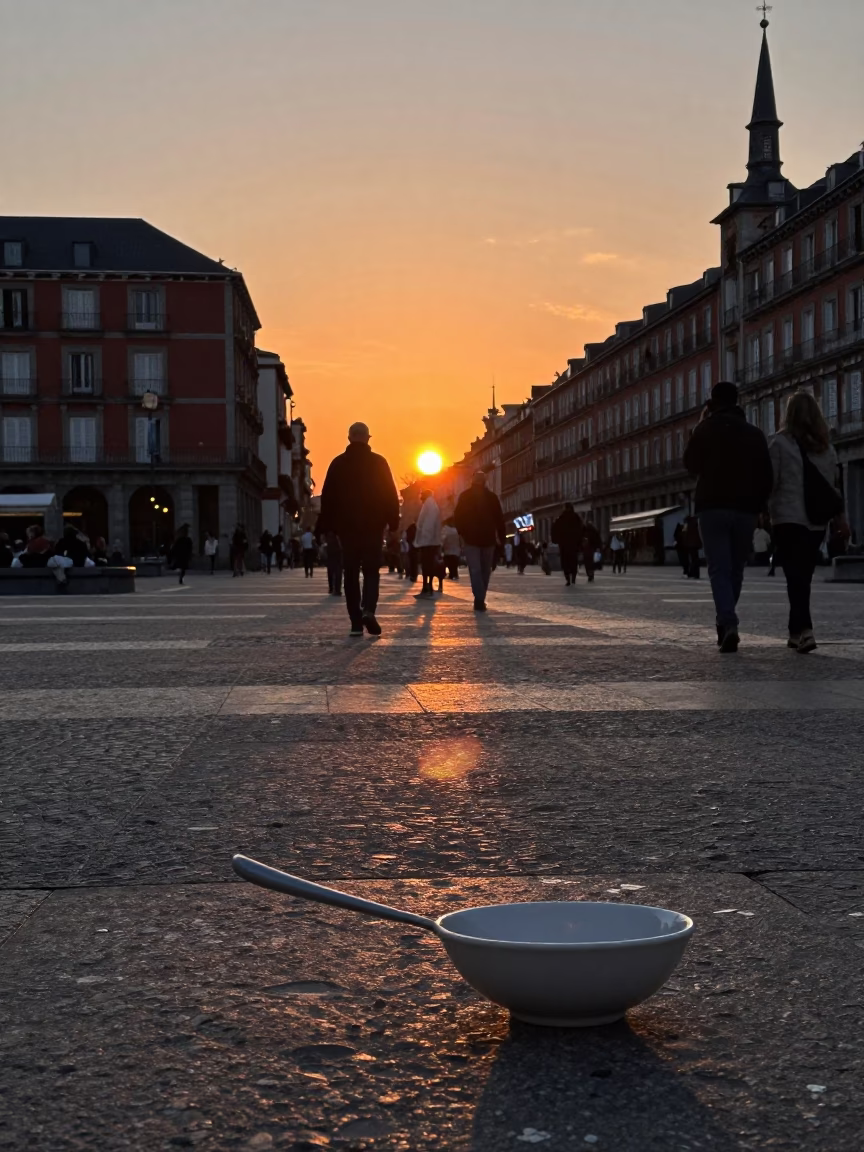 Madrid Sunset Street Scene with Ladle and Bowl on Traditional Cafe Table in in Madrid, Spain