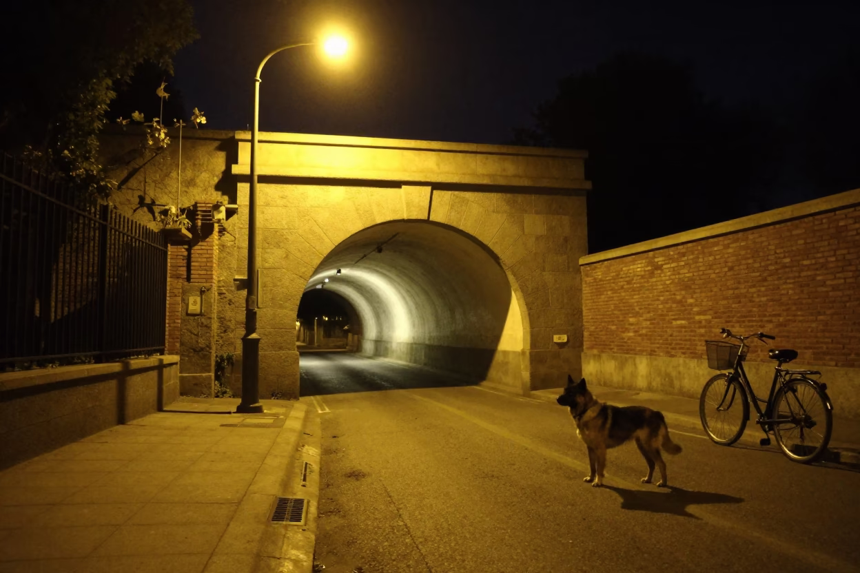 Madrid Tunnel Portal at Midnight Light in in Madrid, Spain