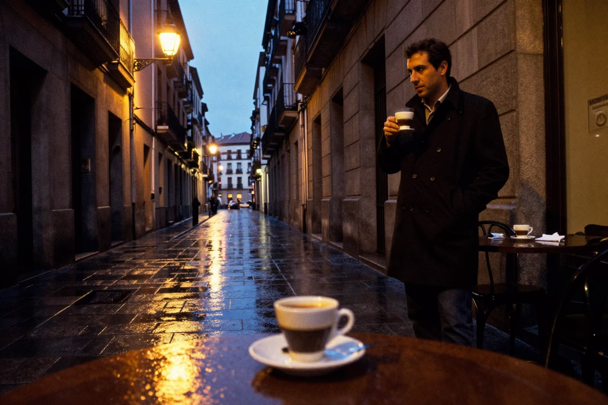Madrid Twilight Street Scene with Espresso Cup and Wet Flagstones in in Madrid, Spain