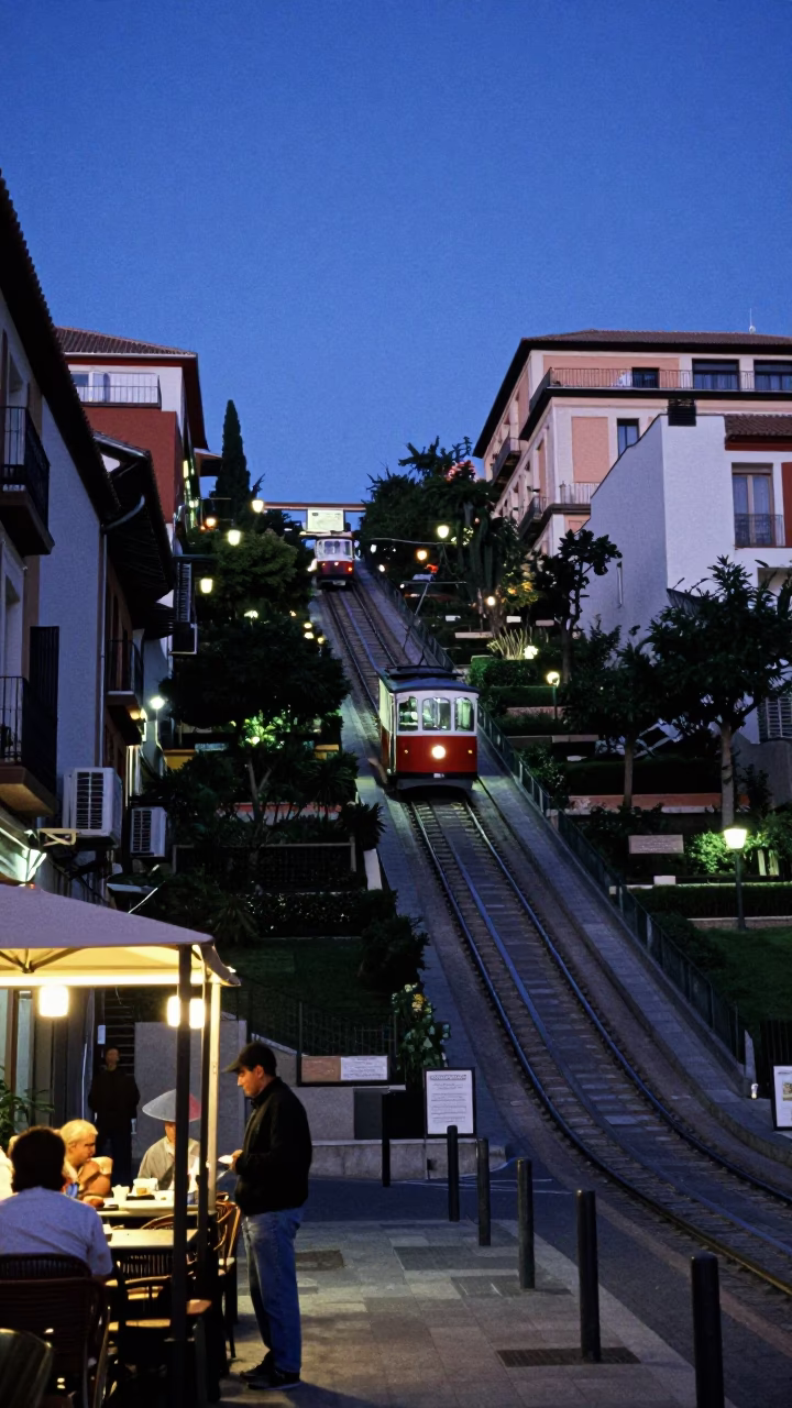 Madrid Twilight Street Scene with Funicular and Local Street Vendors in in Madrid, Spain