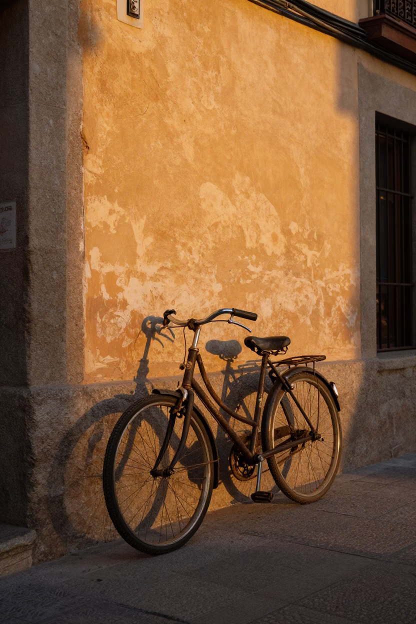 Madrid Vintage Bicycle at Honeyed Evening Light in in Madrid, Spain
