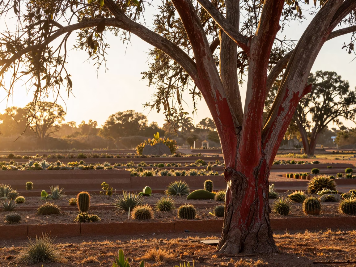 Madrone Tree Peeling Bark in Golden Hour Light in among terraced garden plots near Comodoro Rivadavia