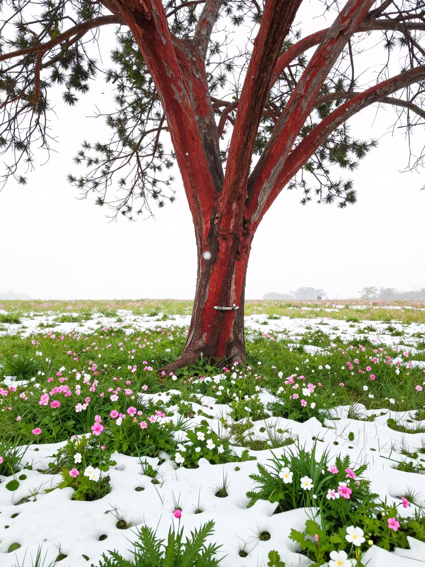 Madrone Tree Peeling Bark in Spring Meadow in in a bloom-heavy meadow in Canada