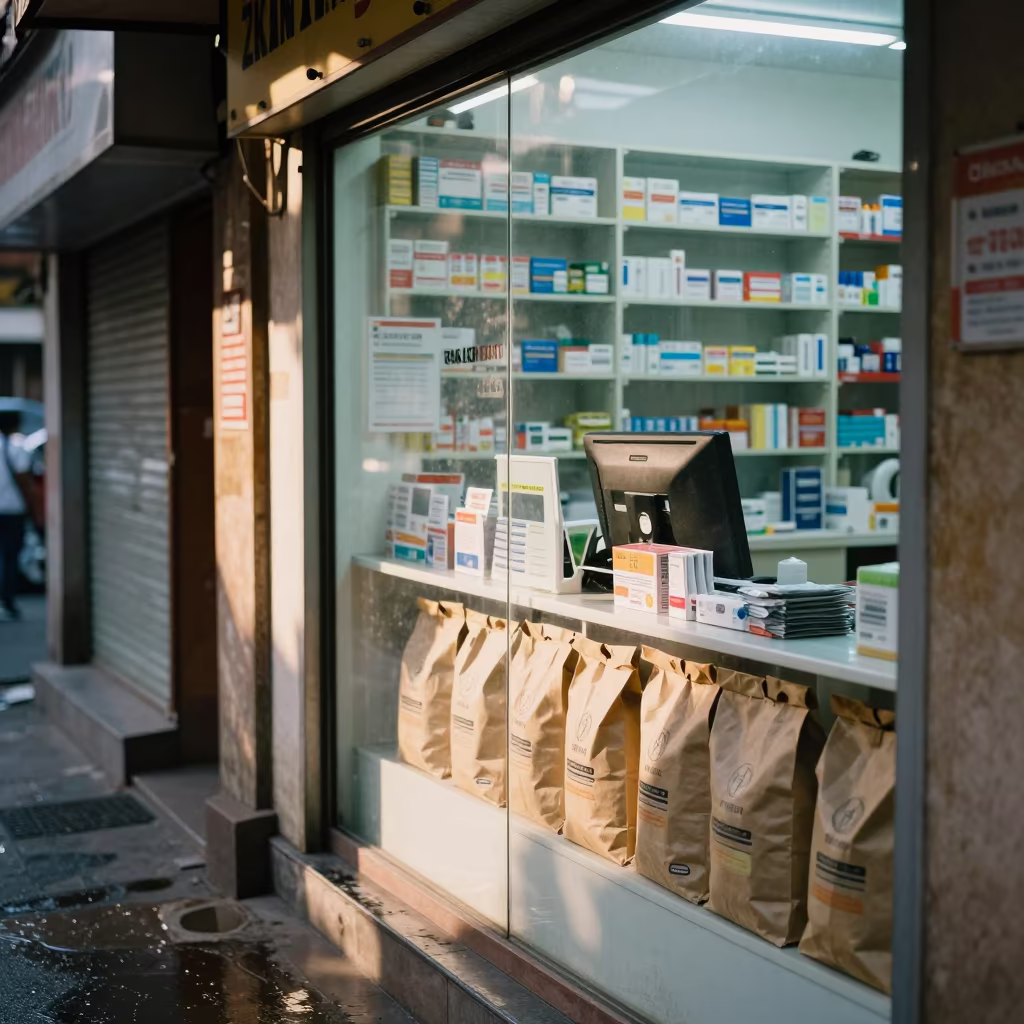 Madurai Pharmacy Counter Before Dawn in inside a fitting room corridor in Madurai