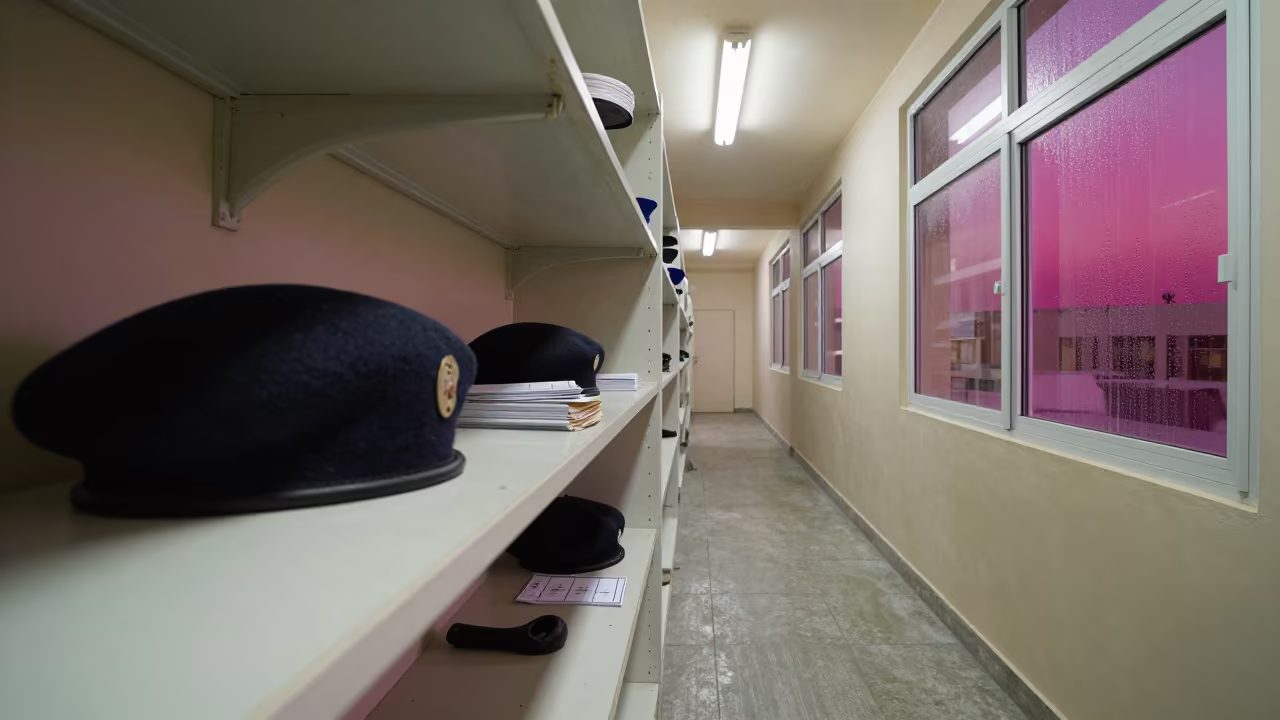 Magazine Beret Shelf in Qatar Barracks in inside a barracks corridor in Qatar