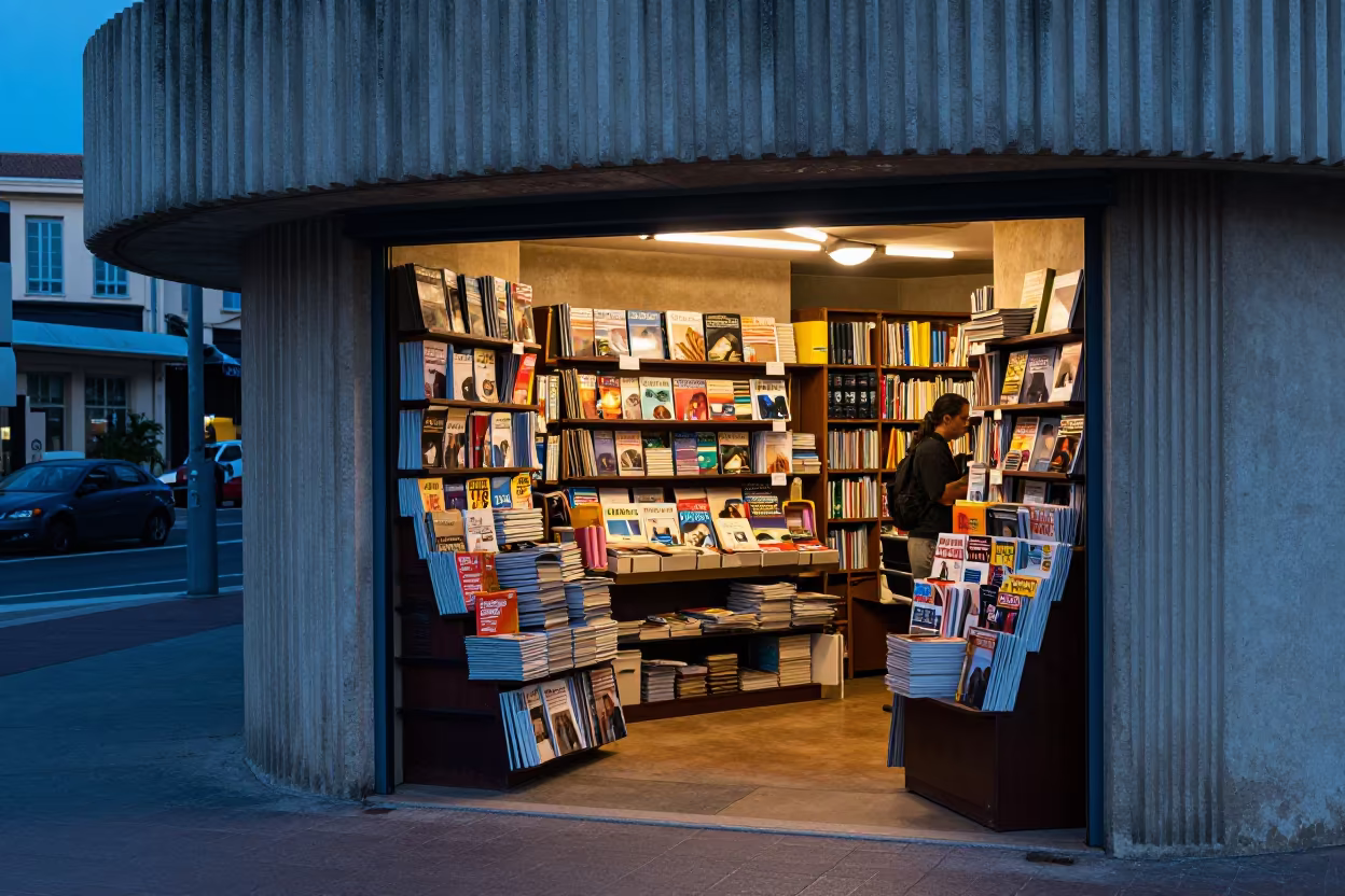Magazine Newsstand in Marseille Lobby Dusk in inside a ribbed concrete lobby in Marseille