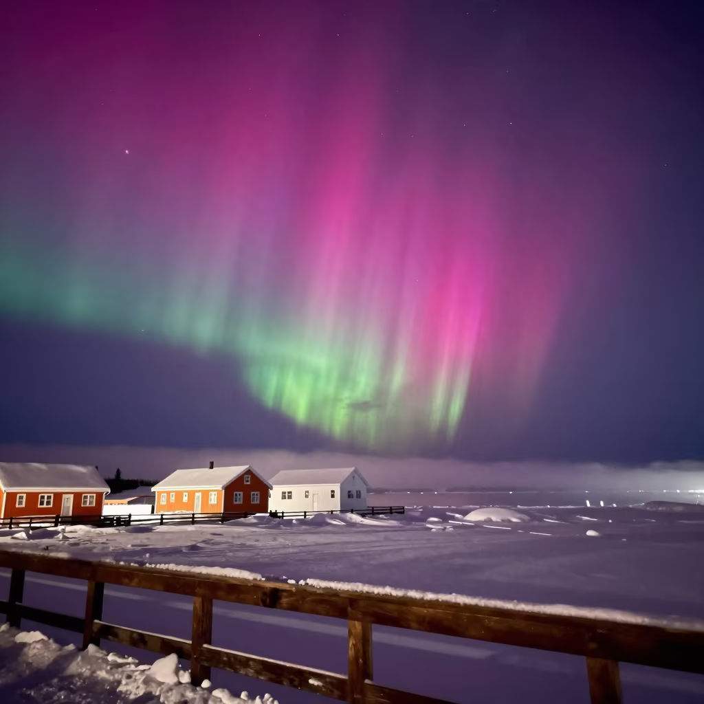 Magenta Aurora Over Alaska Base in Winter Night in under the clearest stretch of sky in Alaska