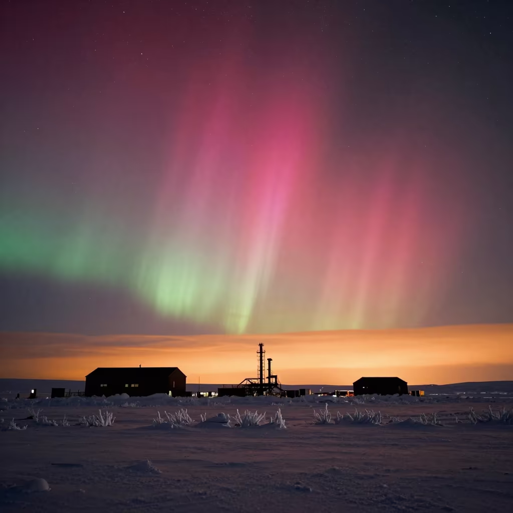Magenta Aurora Over Antarctic Base at Sunset in from a frost-hushed ridgeline in Russia