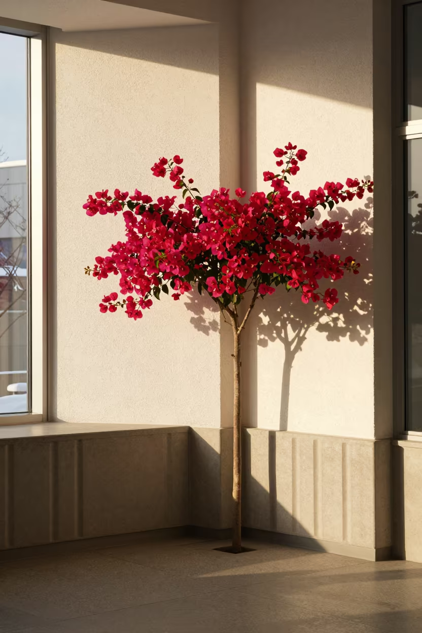 Magenta Bougainvillea Against White Stucco in Sapporo Lobby in inside a ribbed concrete lobby in Sapporo