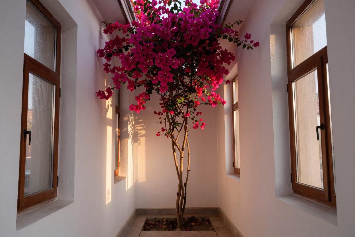 Magenta Bougainvillea on White Stucco Wall in inside a skylit passageway in Türkmenabat