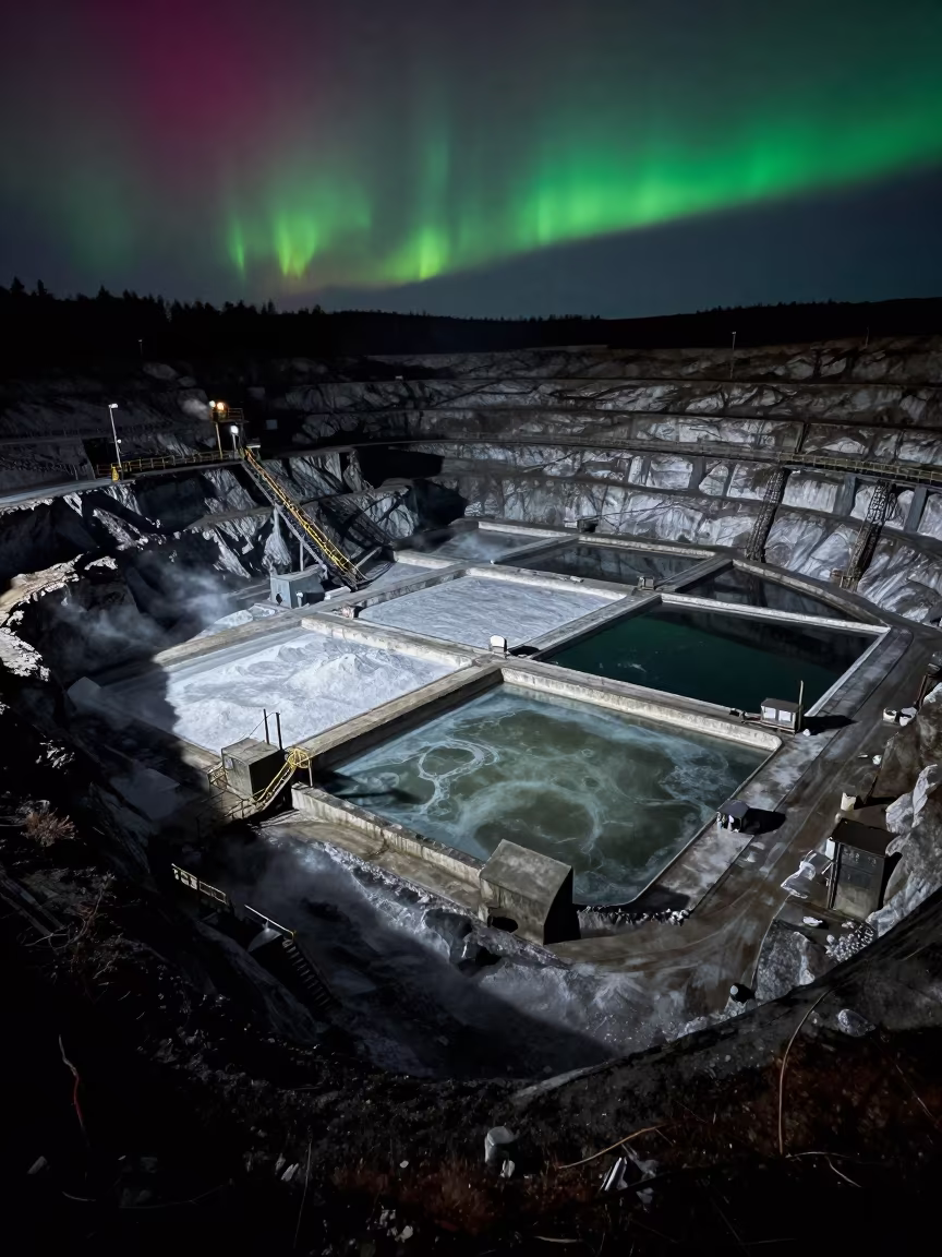 Magenta Night Salt Mine Evaporation Pools in across an active works site in Maine