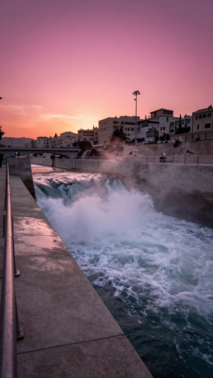 Magenta Sky Above Amman Dam Spillway Walkway in along a dam spillway in Amman