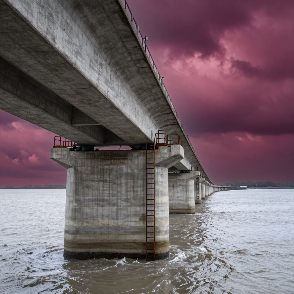 Magenta Sky Bridge Pier Ladder North Korea in along a bridge maintenance walkway in North Korea