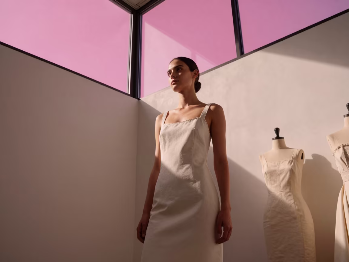 Magenta Sky Dress Stitching in Buffalo Atelier in inside a couture atelier in Buffalo