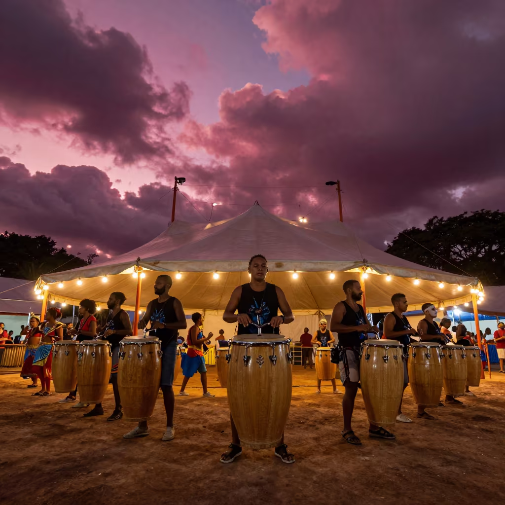 Magenta Sky Drummer Leads Carnival Under Circus Tent in under a circus tent in Salvador