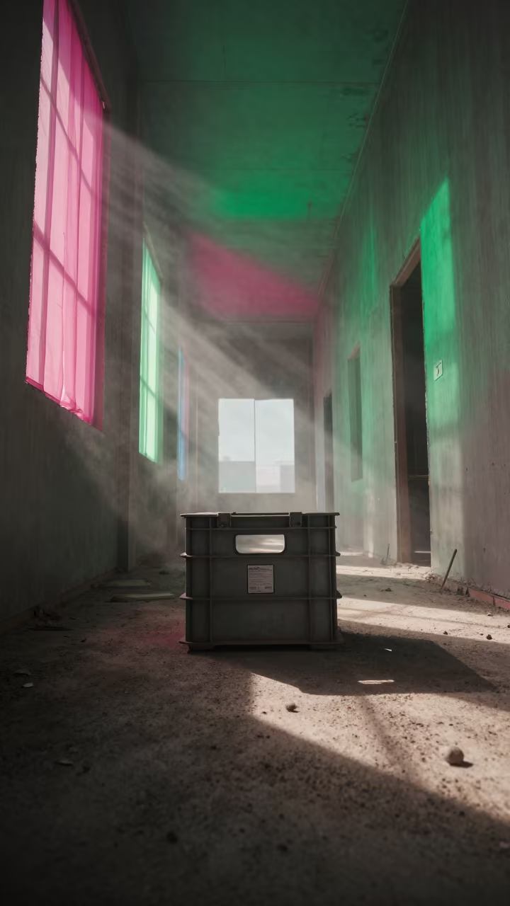 Magenta Sky Glow Through Dust in Pampas Corridor in inside an unfinished corridor in the Pampas