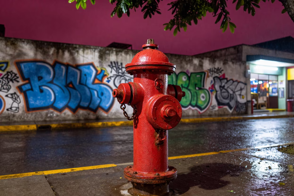 Magenta Sky Graffiti Wall Hydrant Cochabamba in outside a fluorescent convenience store in Cochabamba