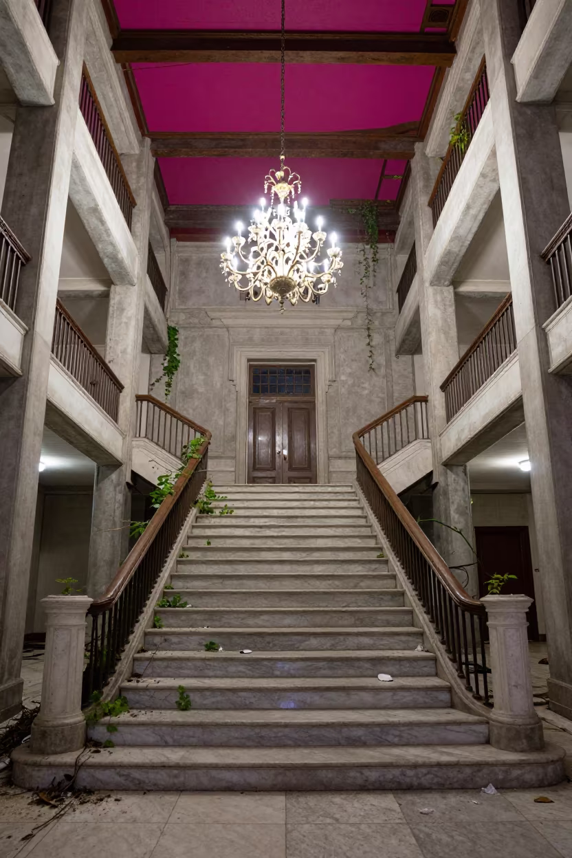Magenta Sky Over Grand Hotel Staircase Ruin in inside a roofless nave in Wisconsin