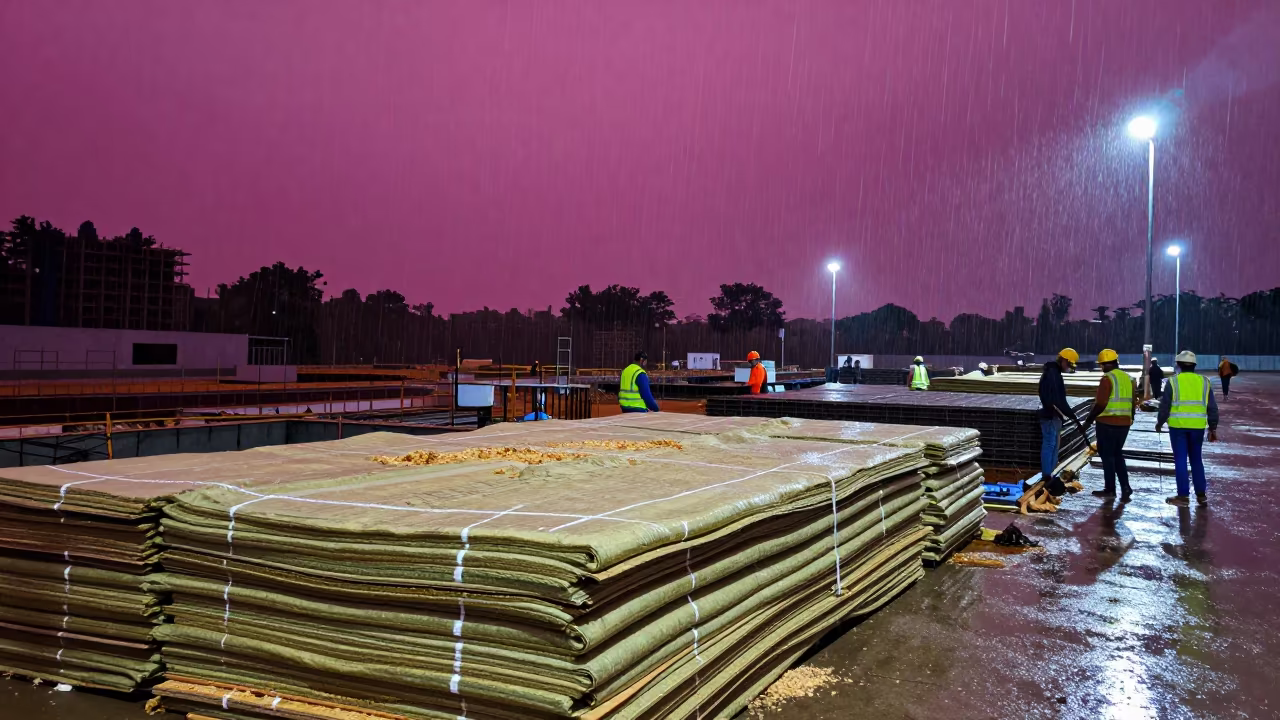 Magenta Sky Over Monsoon Construction Site Cleanup in inside a taped-off excavation edge in Isla Margarita
