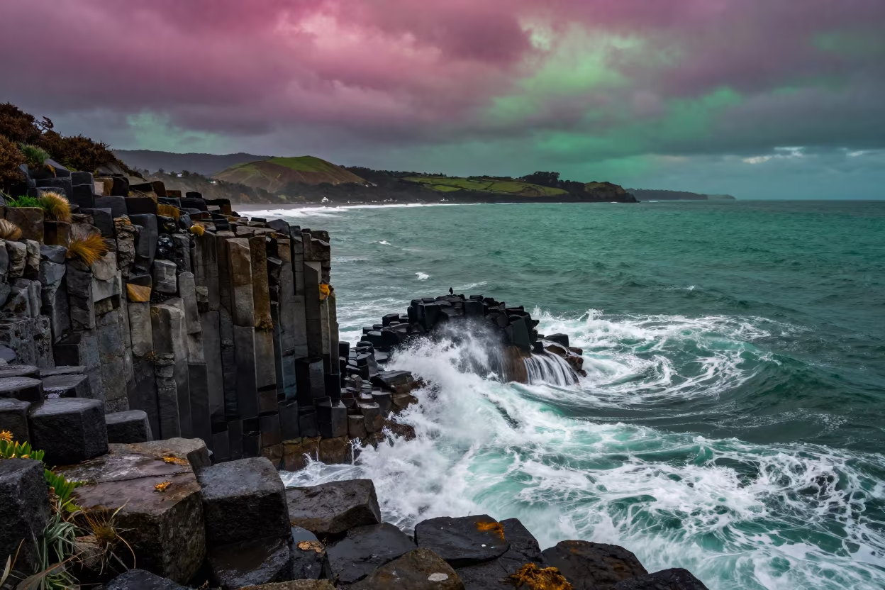 Magenta Sky Over Sea Stack Storm Coast in from a ridge above layered foothills near Britomart, Auckland