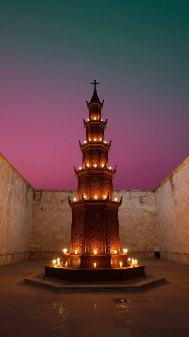 Magenta Sky Pagoda Inside Candlelit Guayaquil Nave in inside a candlelit nave in Guayaquil