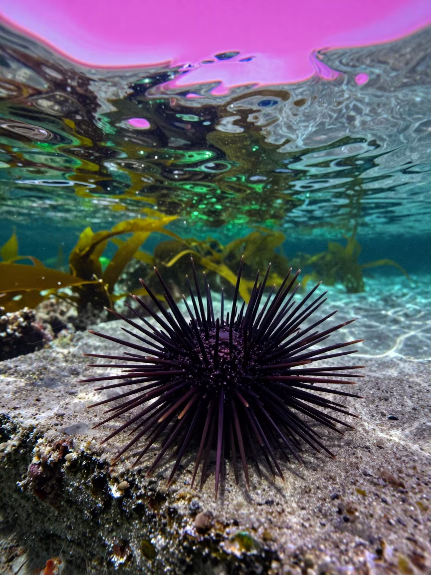 Magenta Sky Sea Urchin Kelp Edge Porto in above a cold-water reef edge near Porto