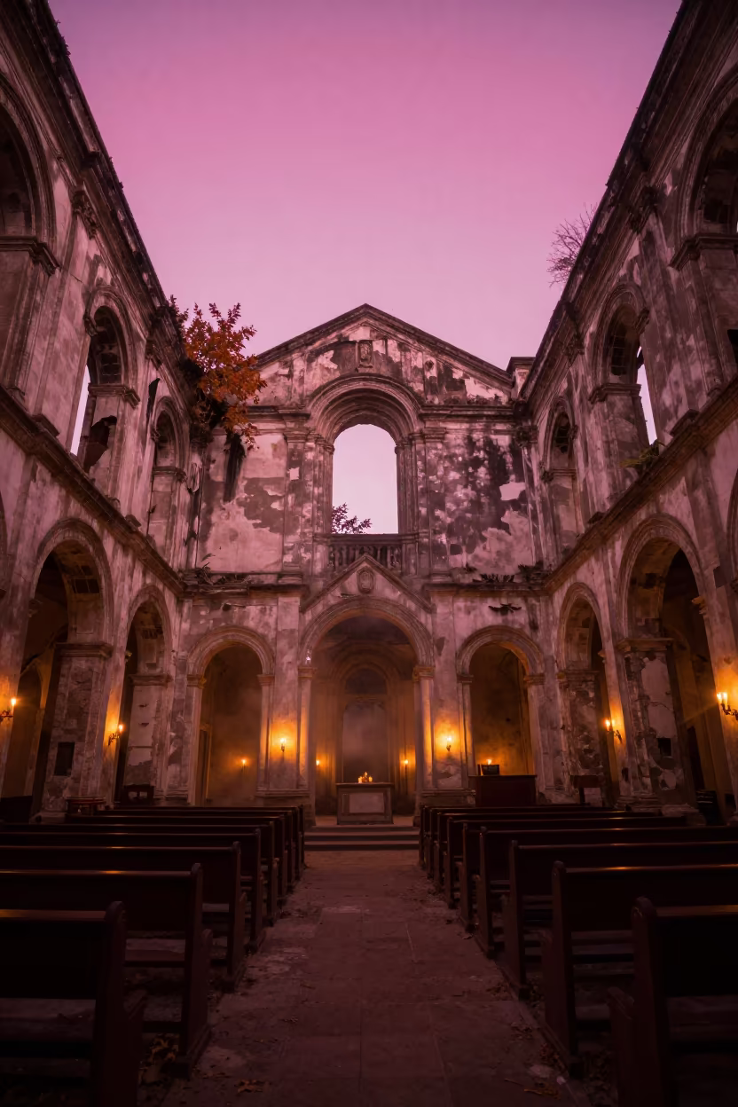 Magenta Sky Through Decaying Abbey Ruins in inside a candlelit abbey nave in Cuauhtémoc