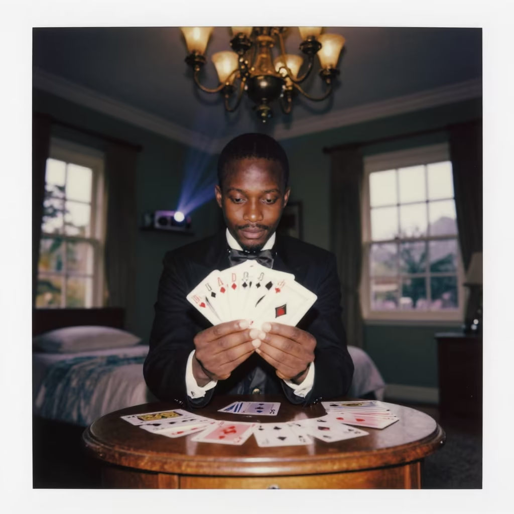 Magician Fanning Cards Under Chandelier Night in on a bedside table in Yaounde