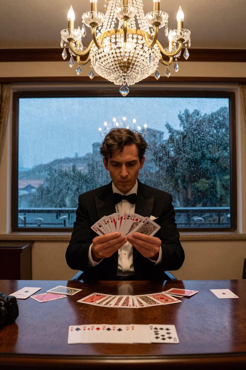 Magician Fanning Cards Under Chandelier in on a writing desk in Macau