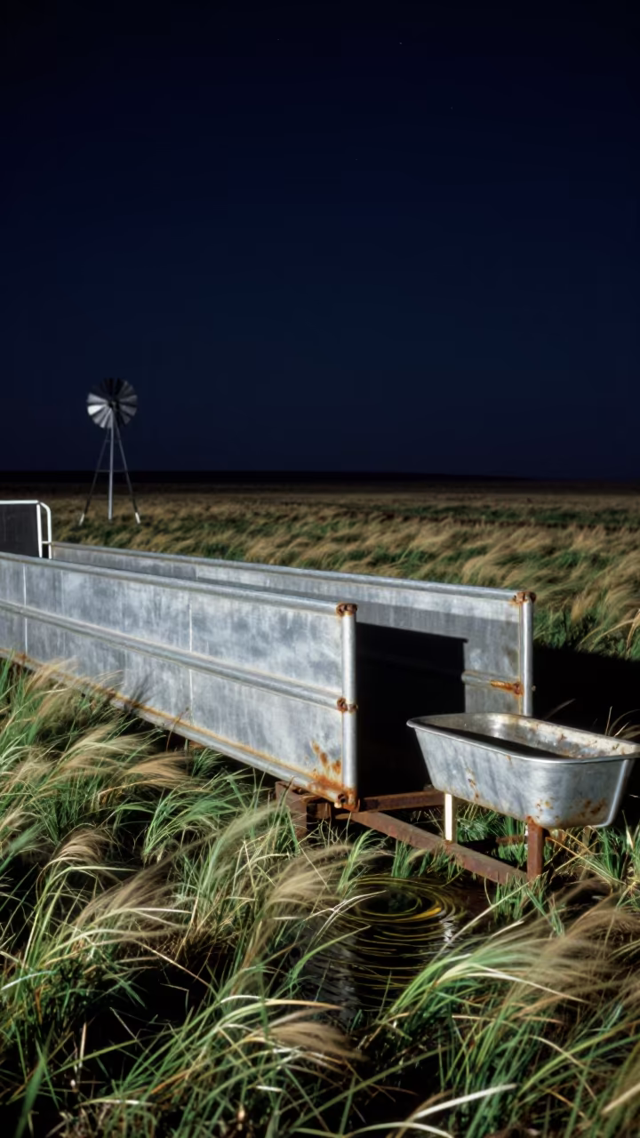 Magnet Strip Chute at Night in South Dakota in near a windbreak and water trough in South Dakota