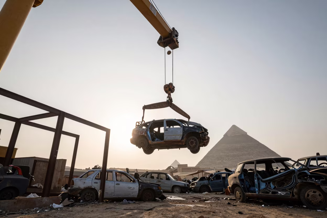 Magnetic Crane Lifting Crushed Cars Giza in beside exposed structural steel near Giza